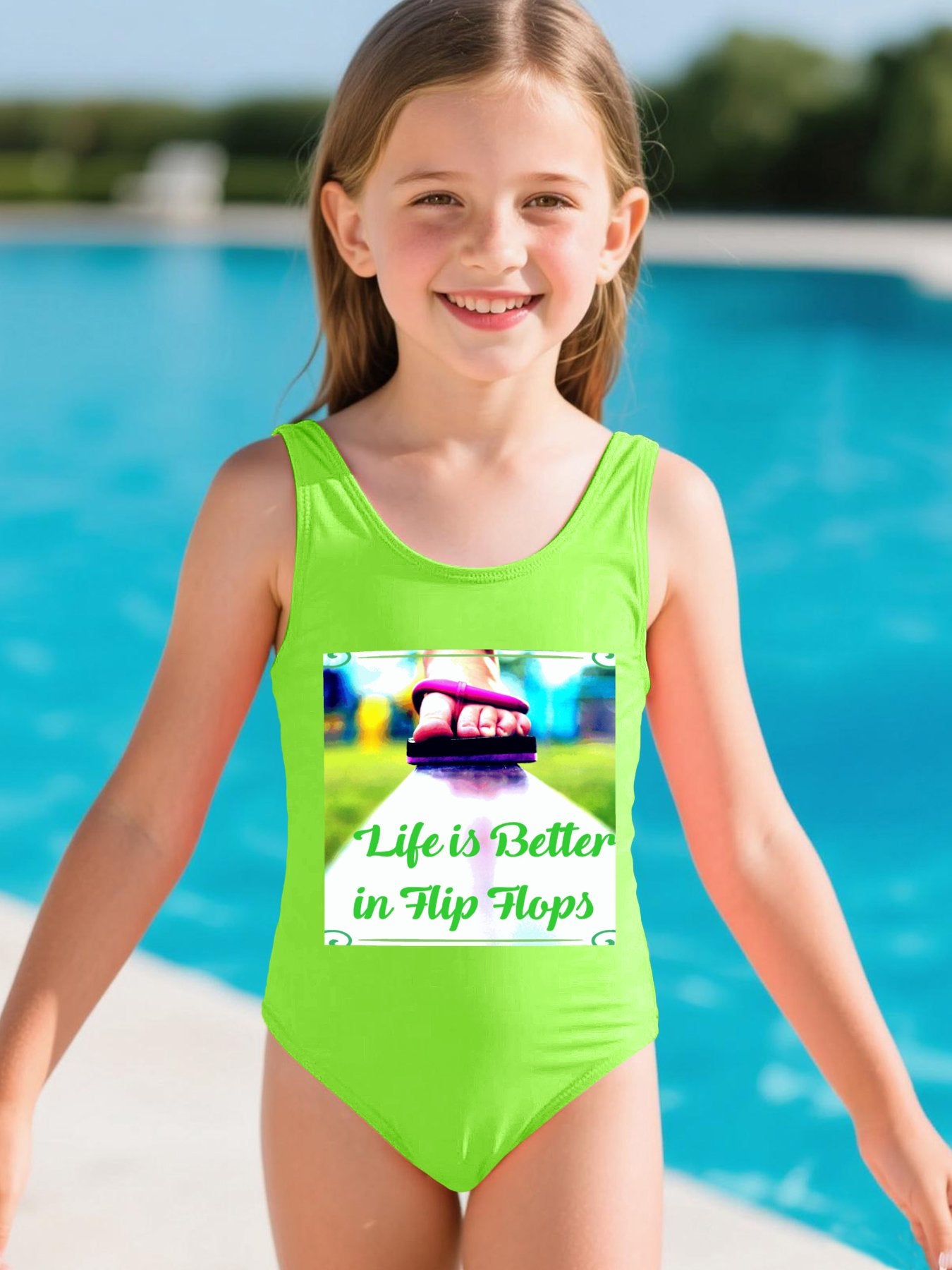 Life is Better in Flip Flops Girls' Summer One-Piece Swimsuit with Front Printing