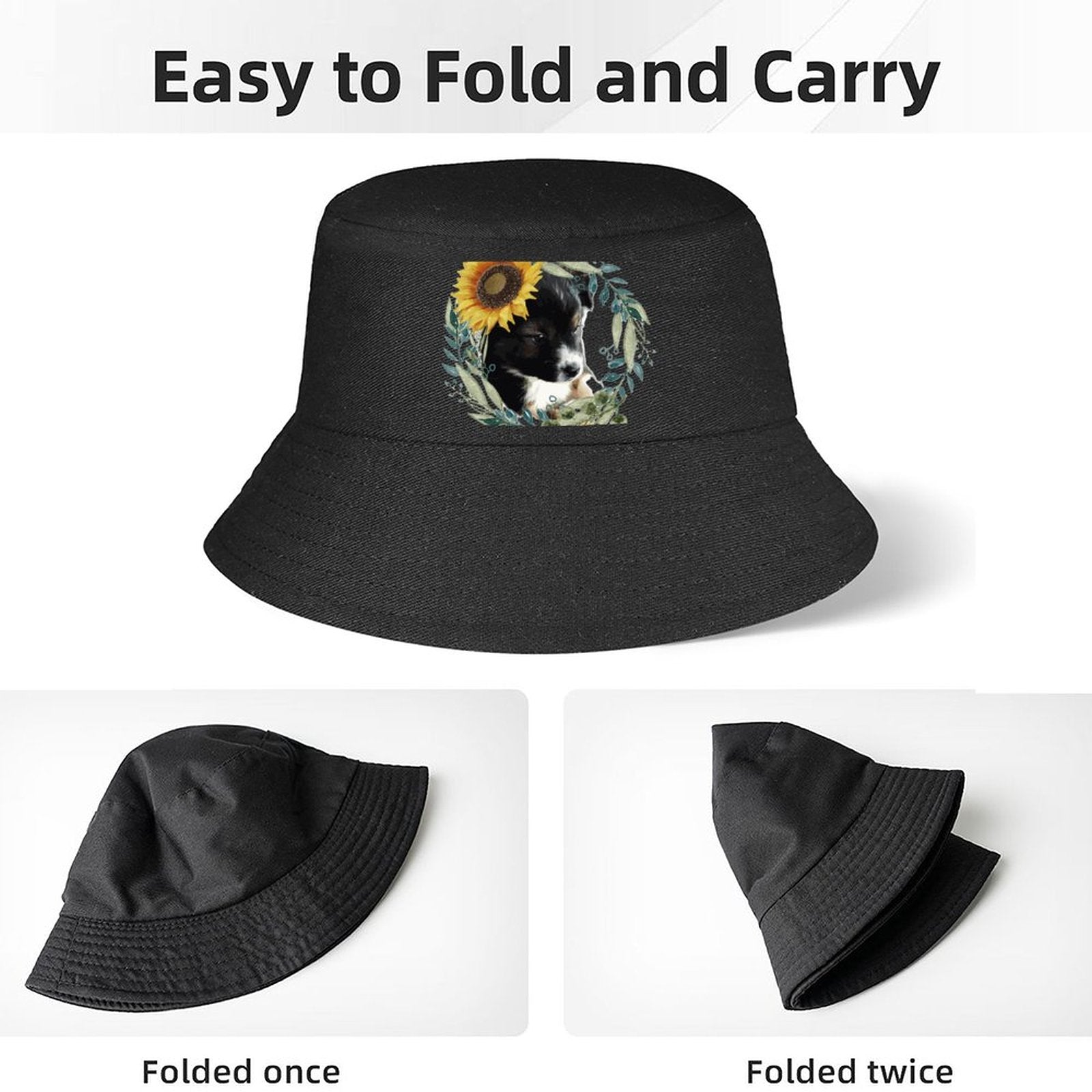 Black Bucket Hat with Cute Puppy for Women & Men (Front Printing)