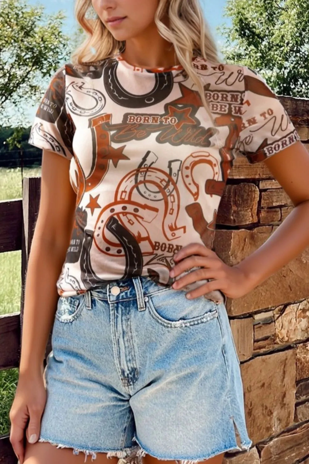 Women's Western Horseshoe Printed Mesh Short Sleeve T-shirt
