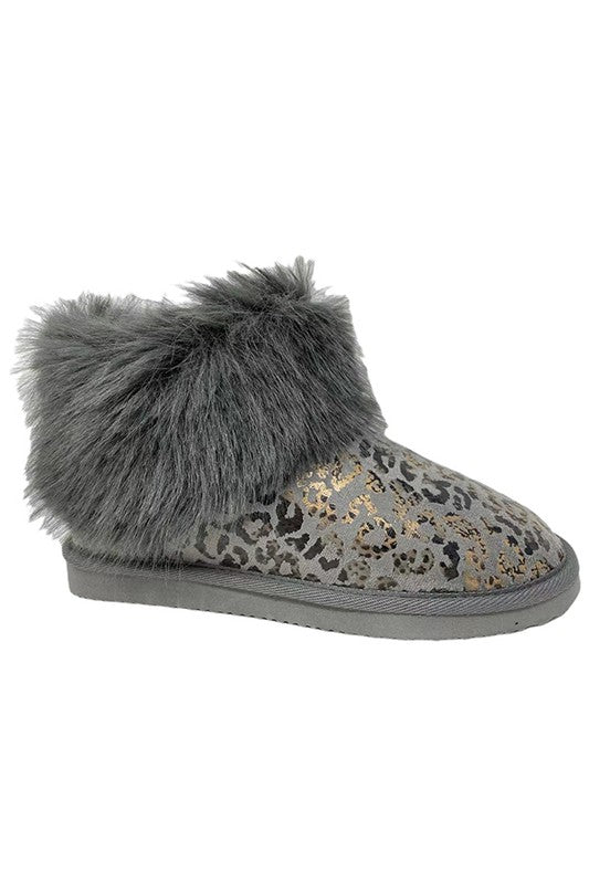 Women's Grey Leopard Fur Ankle Boots