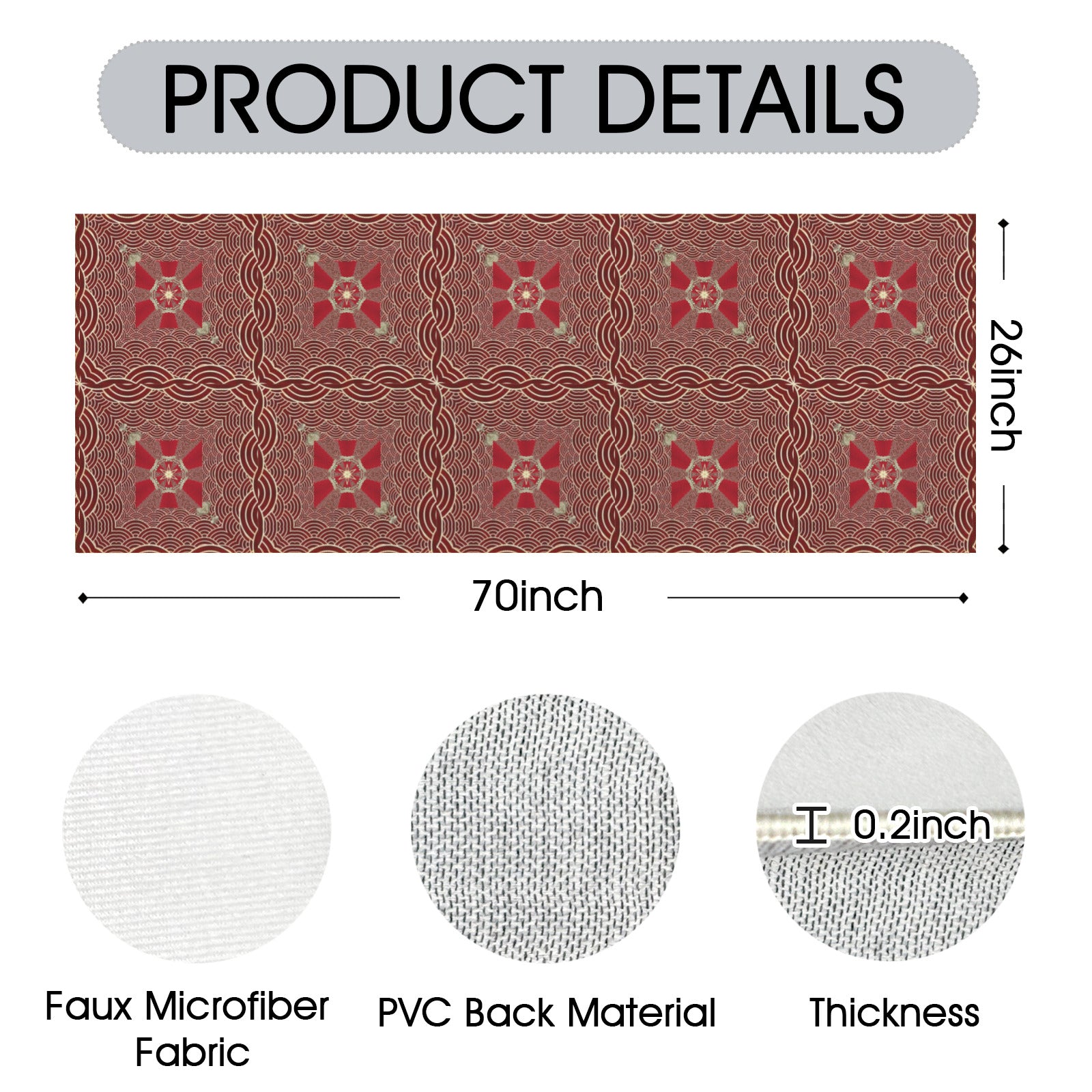 Product details of a red patterned rug with measurements and material specifications.