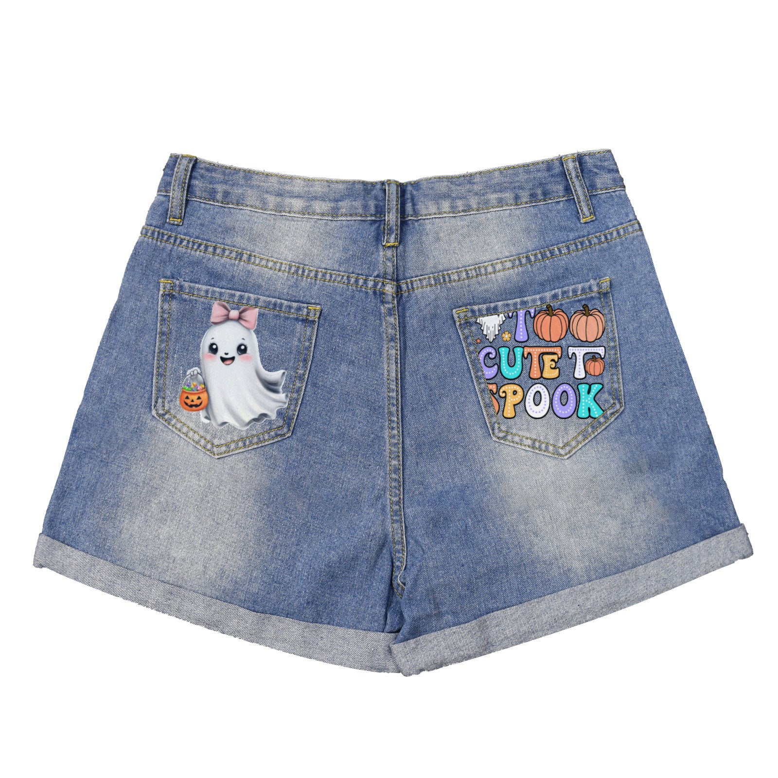 Too Cute to Spook Ghost Light-Wash Blue Denim Shorts (Dual Pockets Print)
