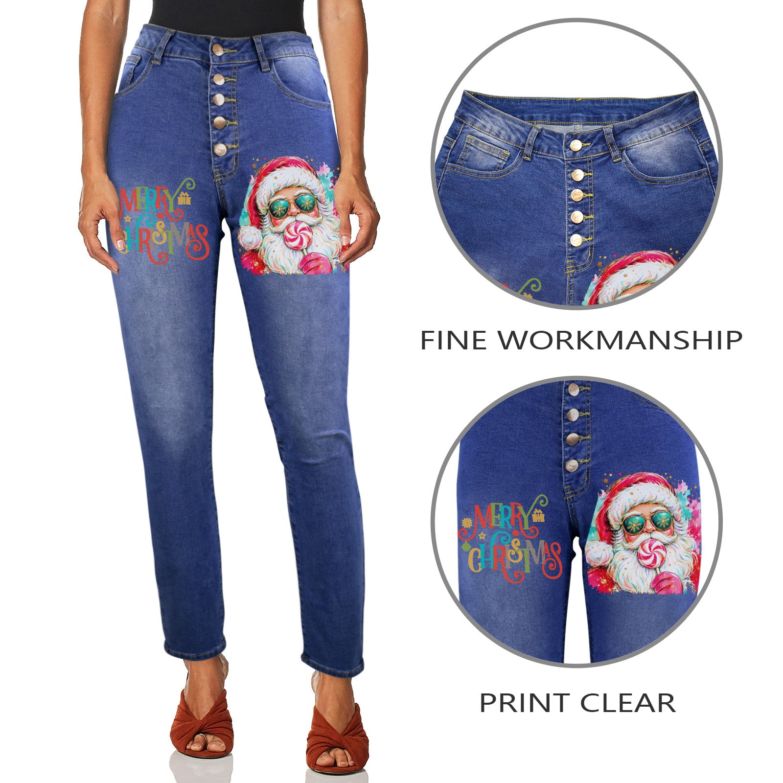 Merry Christmas Santa with Sucker Women's Jeans (Front Printing) (Model L75)