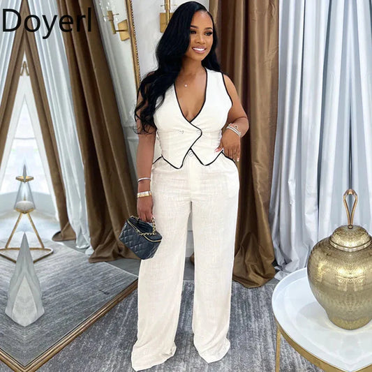 Women's Elegant 2 Piece Set Double-breasted Vest Top and Wide Leg Pants Suit Outfit