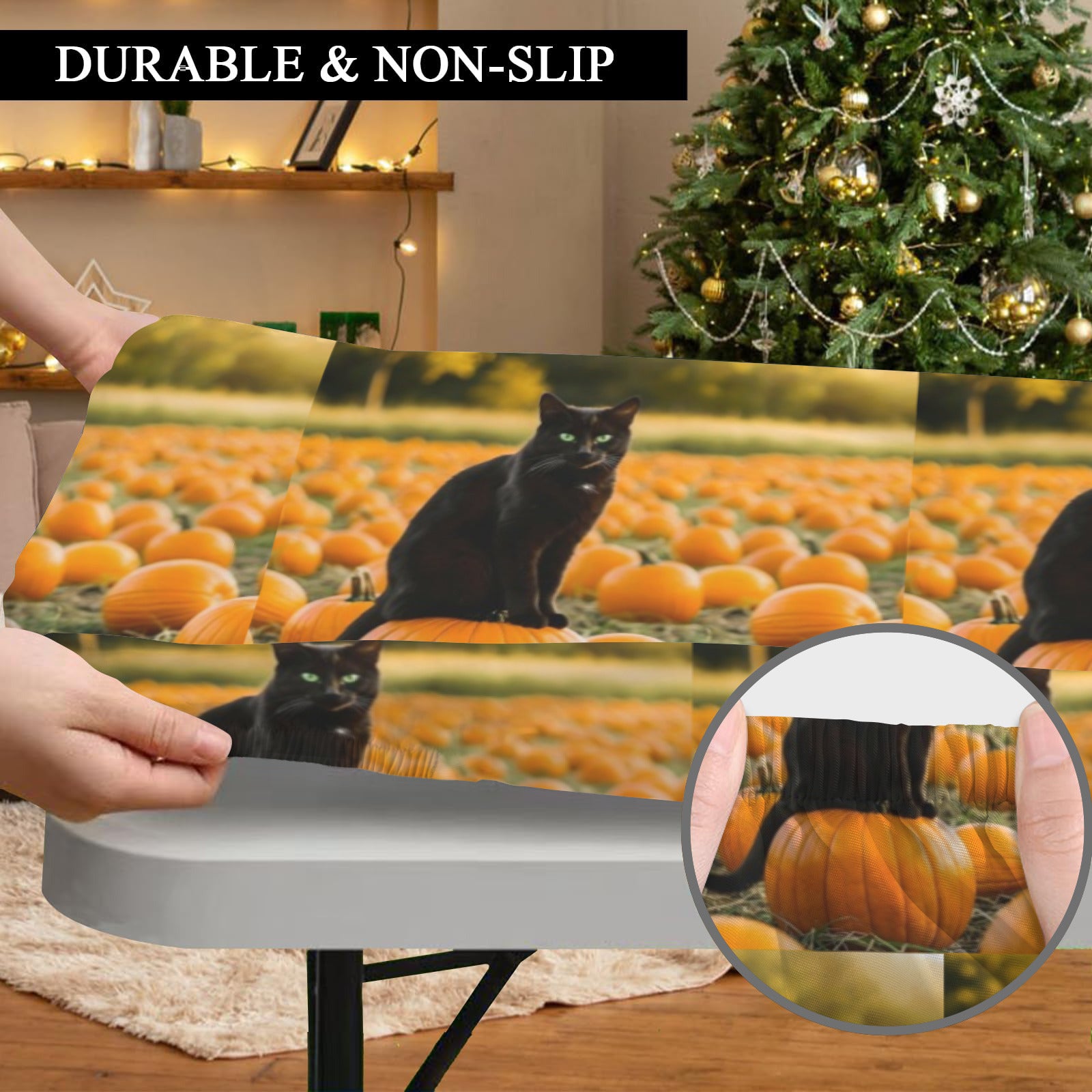 Black Cat in Pumpkin Patch Elastic Fitted Tablecloth - 72