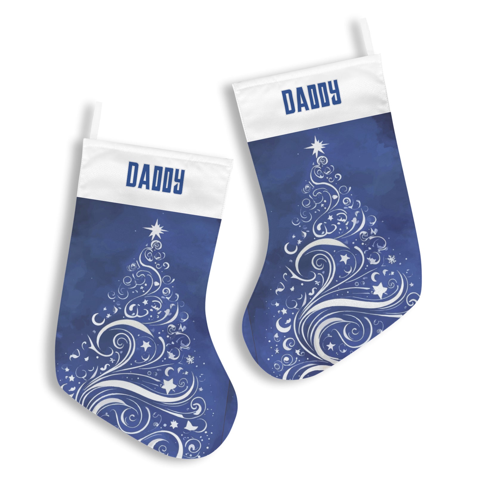 Personalizable Silver Swirls Christmas Tree on Blue Christmas Stocking (Made in USA)