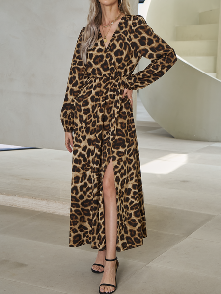 Vestido elegante con abertura y cuello en V con estampado de leopardo para mujer hasta 3XL