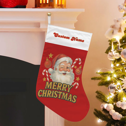 Red Christmas stocking with Santa Claus design hanging on a fireplace mantle next to a decorated tree.