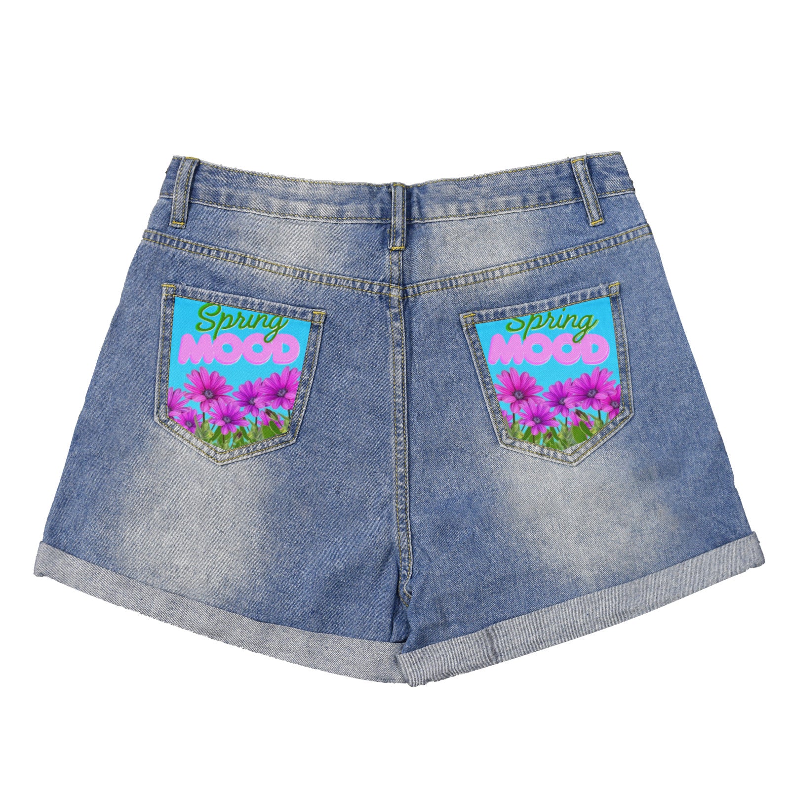 Spring Mood Light-Wash Blue Denim Shorts (Dual Pockets Print)