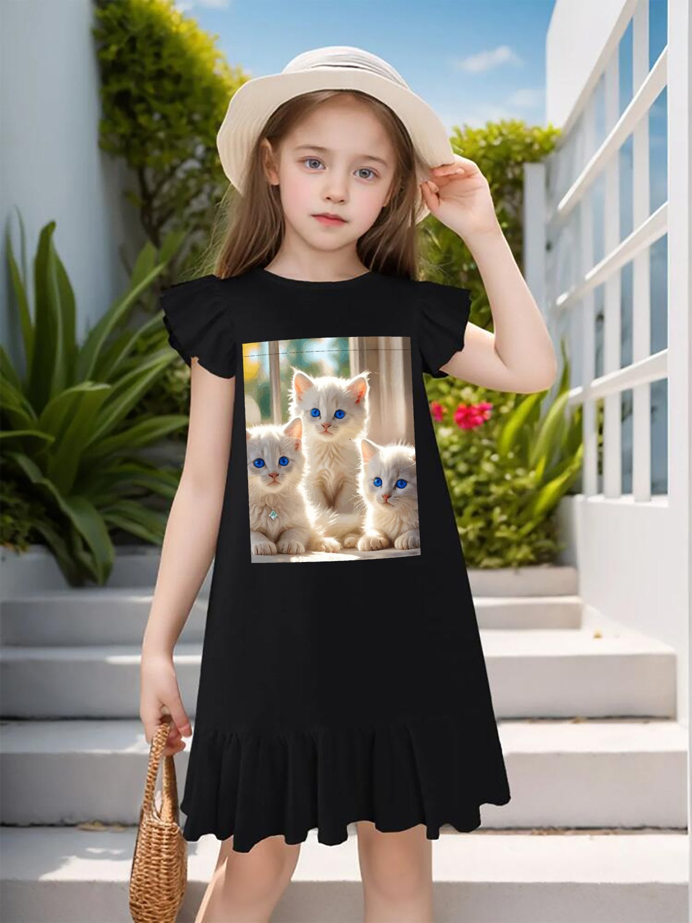 Fluffy White Kittens with Blue Eyes Flutter Sleeve Dress for Girls (Front Printing)