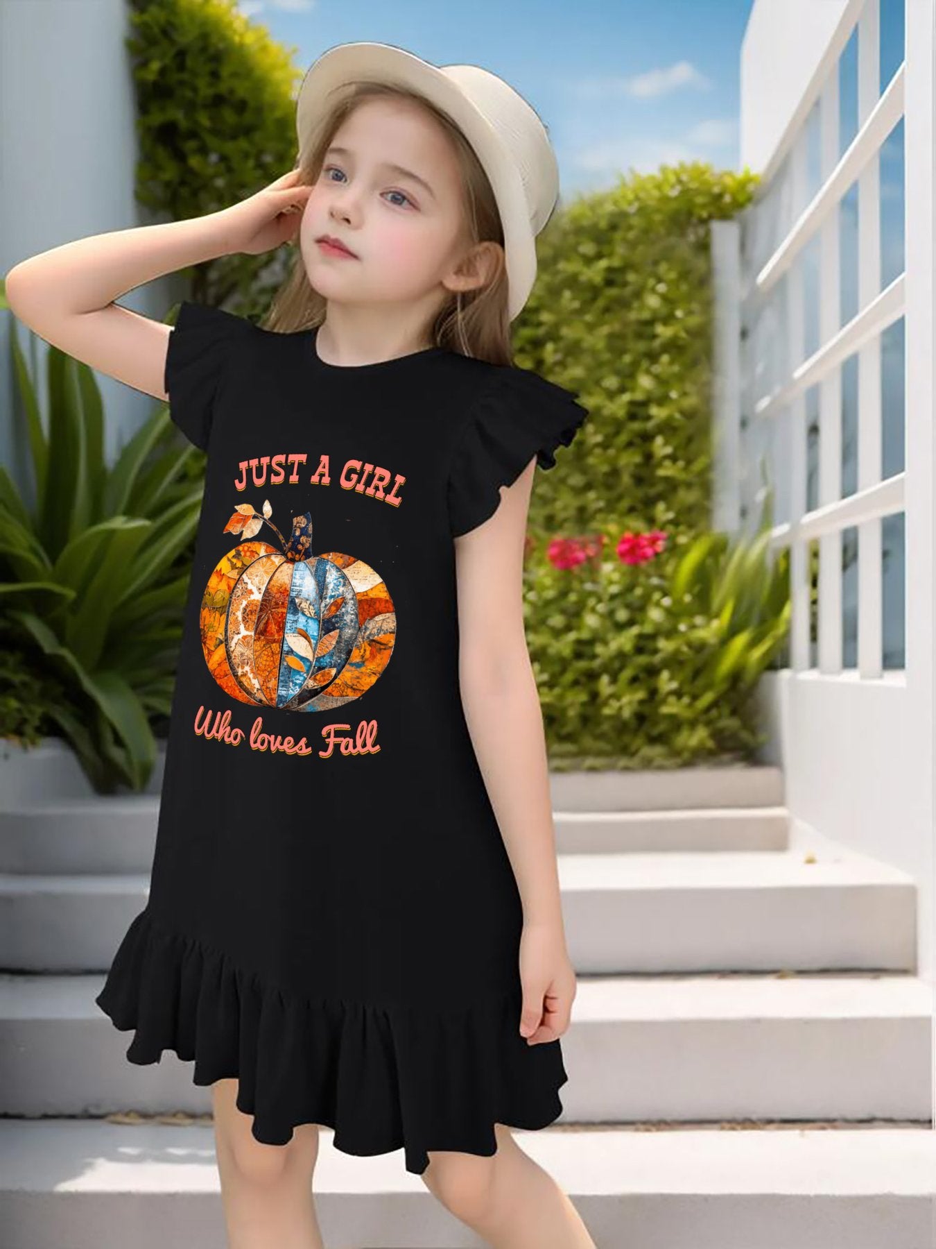 Just a Girl Who Loves Fall Pumpkins Flutter Sleeve Dress for Girls (Front Printing)