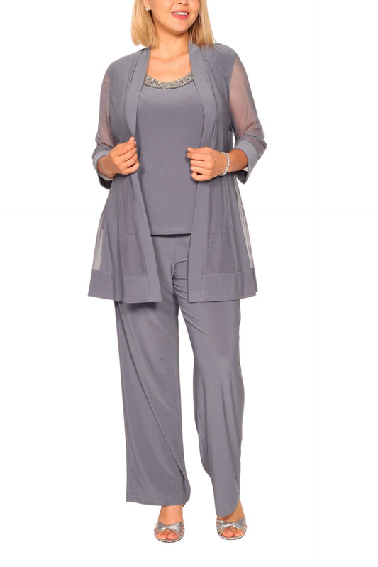 R&M Richards Three Piece Pants Suit Round Neck Sleeveless Top with Soft-Cut Draped Lapel Mesh Jacket Formal Dress (Plus Size)