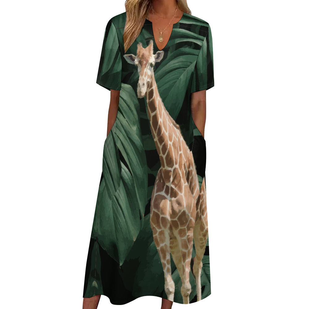 Vestido midi de manga corta con jirafa alta rodeada de vegetación hasta 5XL