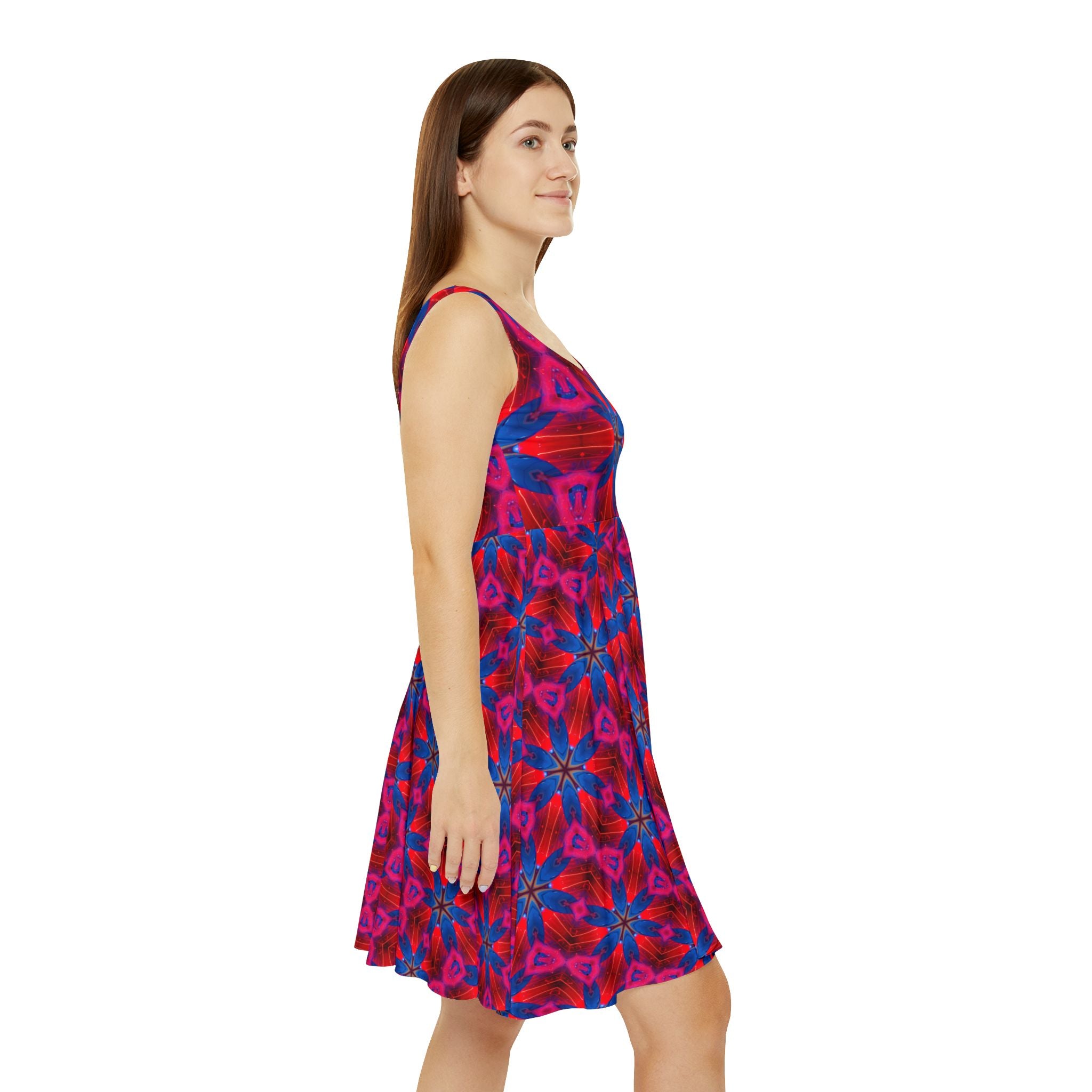 Floral Kaleidoscope Skater Dress — Bold Pink & Blue All-Over Print