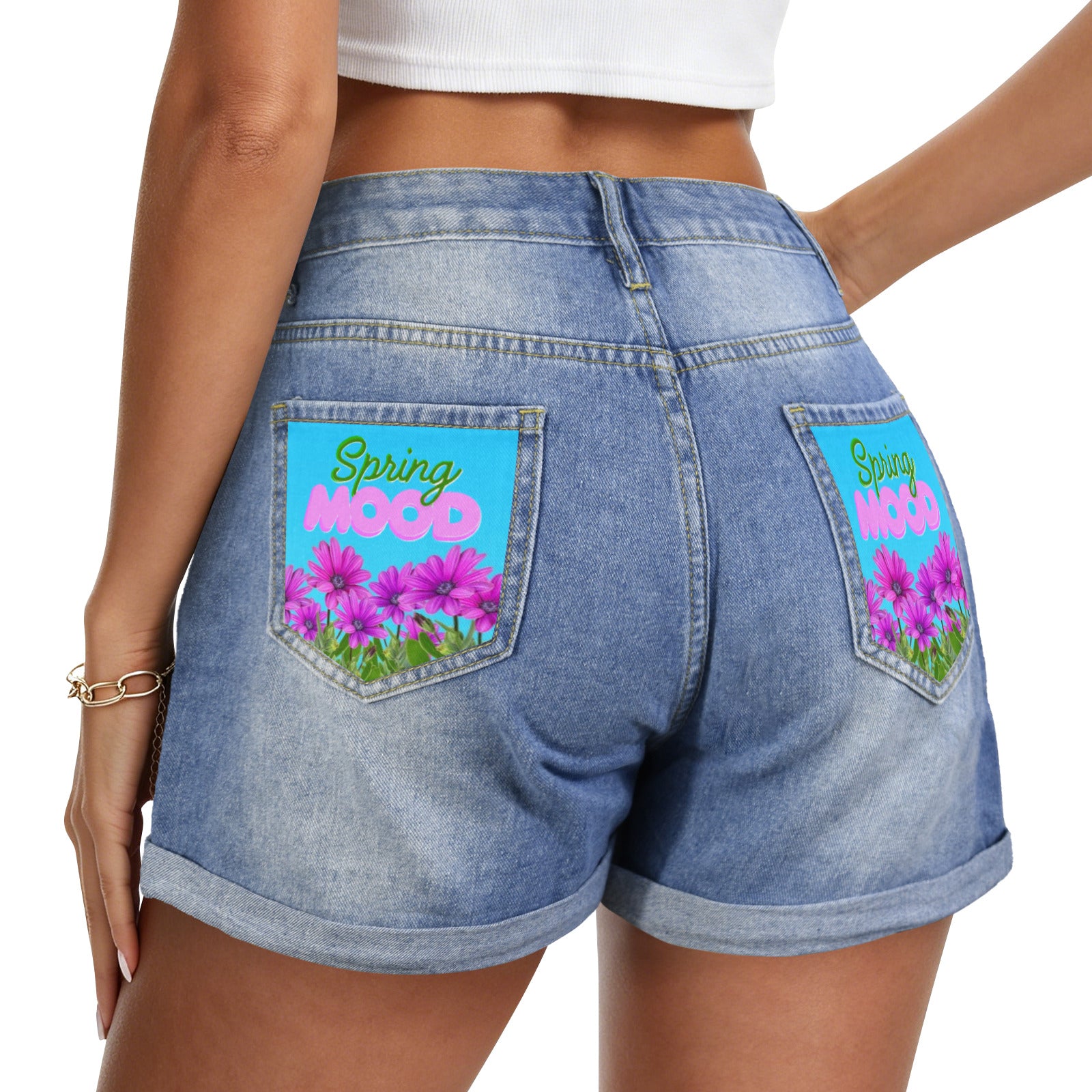 Spring Mood Light-Wash Blue Denim Shorts (Dual Pockets Print)