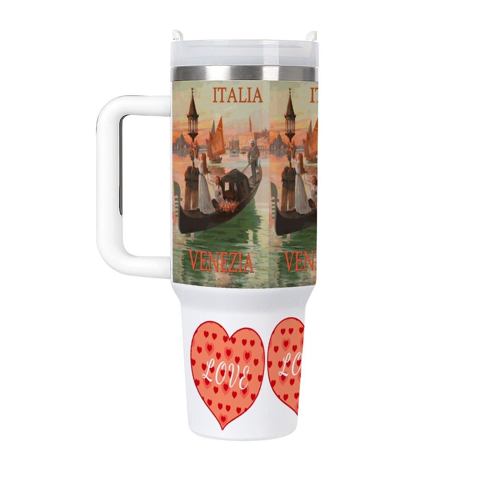 Travel mug with Venetian scene and heart designs on a white background