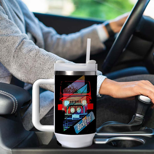 Buckle Up 4-wheel Drive 40oz Stainless Steel Insulated Tumble with Handle & Lid (Made in USA)