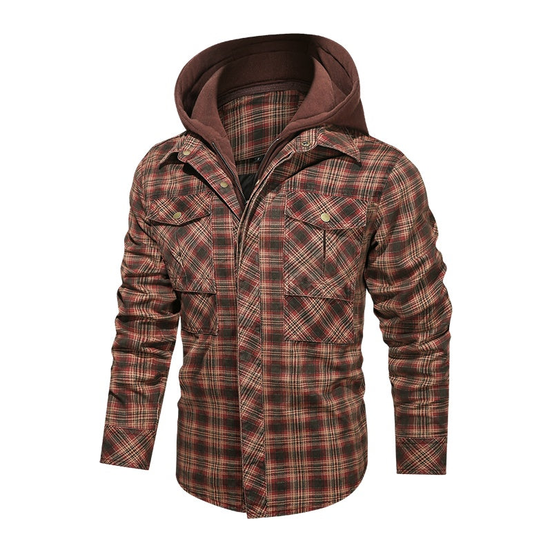 Men's Plaid Fleece Lined Detachable Hood Jacket