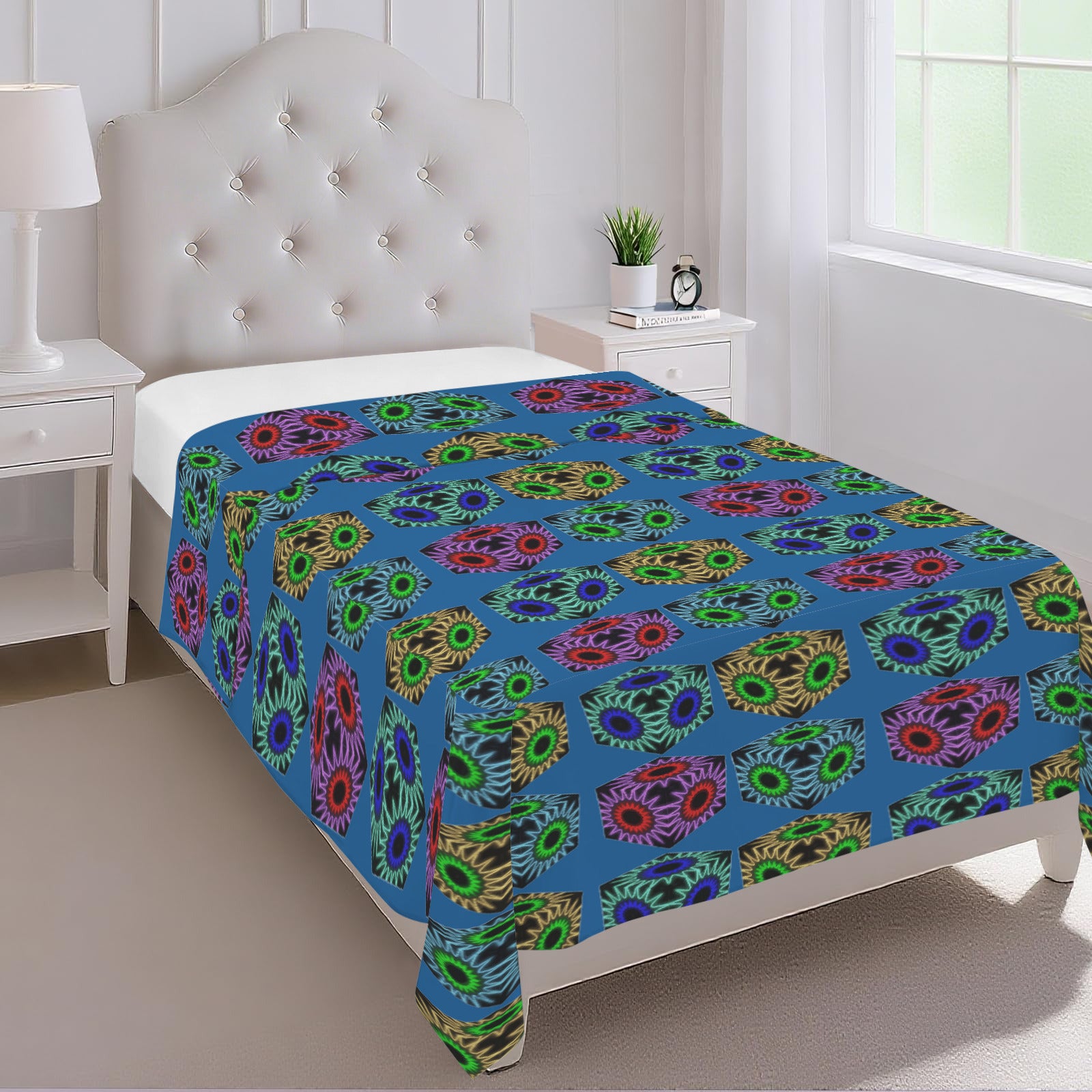 Colorful Cubes Blue Flat Twin Size Bed Sheet | Ships from USA