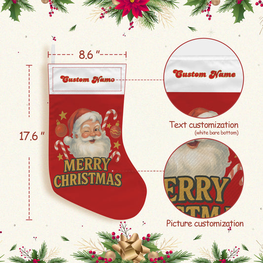 Red Christmas stocking with Santa Claus design, text customization options, and measurements.