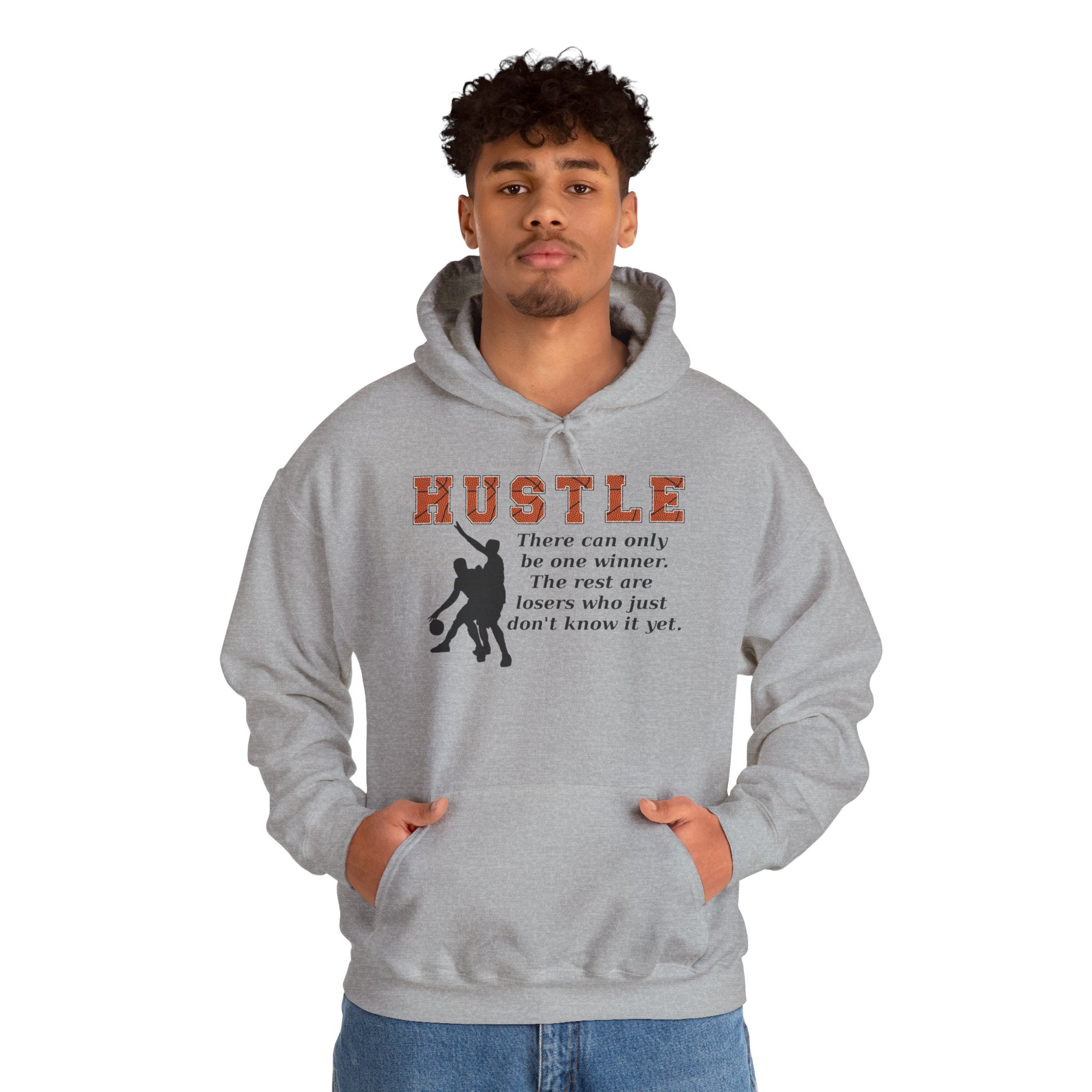 Person wearing a gray hoodie with 'HUSTLE' text and graphic on a white background