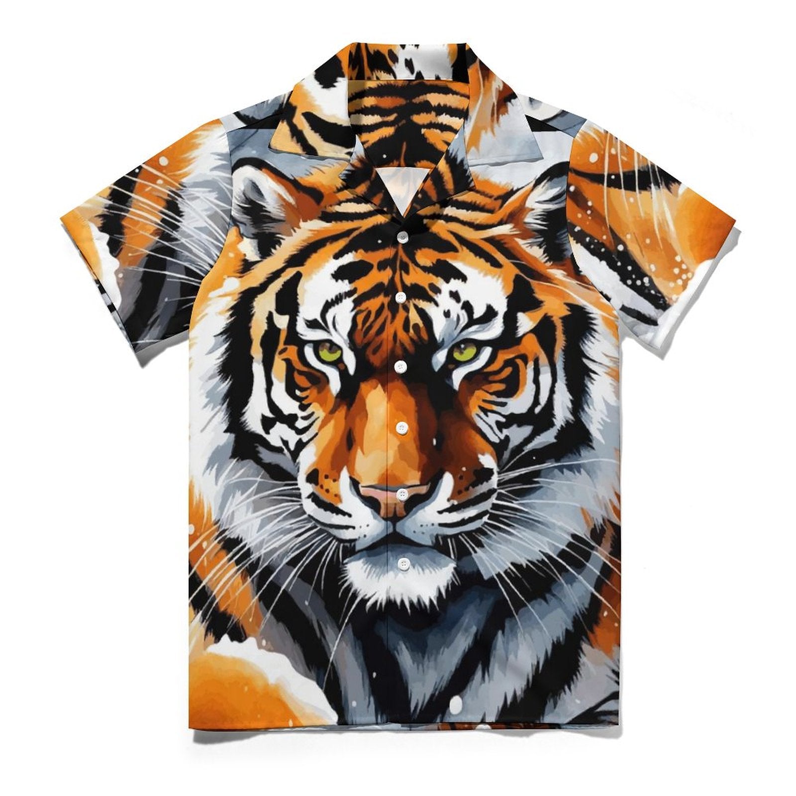 Men's Tiger Short Sleeve Hawaiian Print Shirt with Cuban Collar