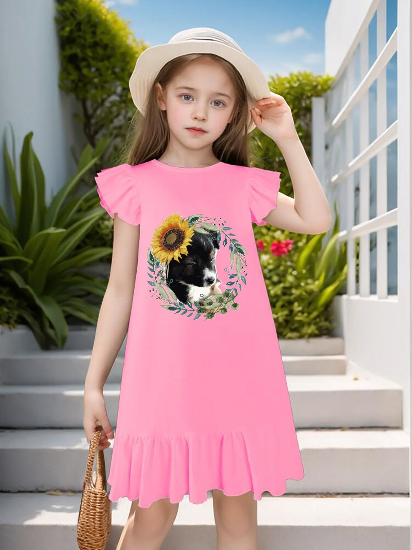 Cute Black Puppy Flutter Sleeve Dress for Girls (Front Printing)