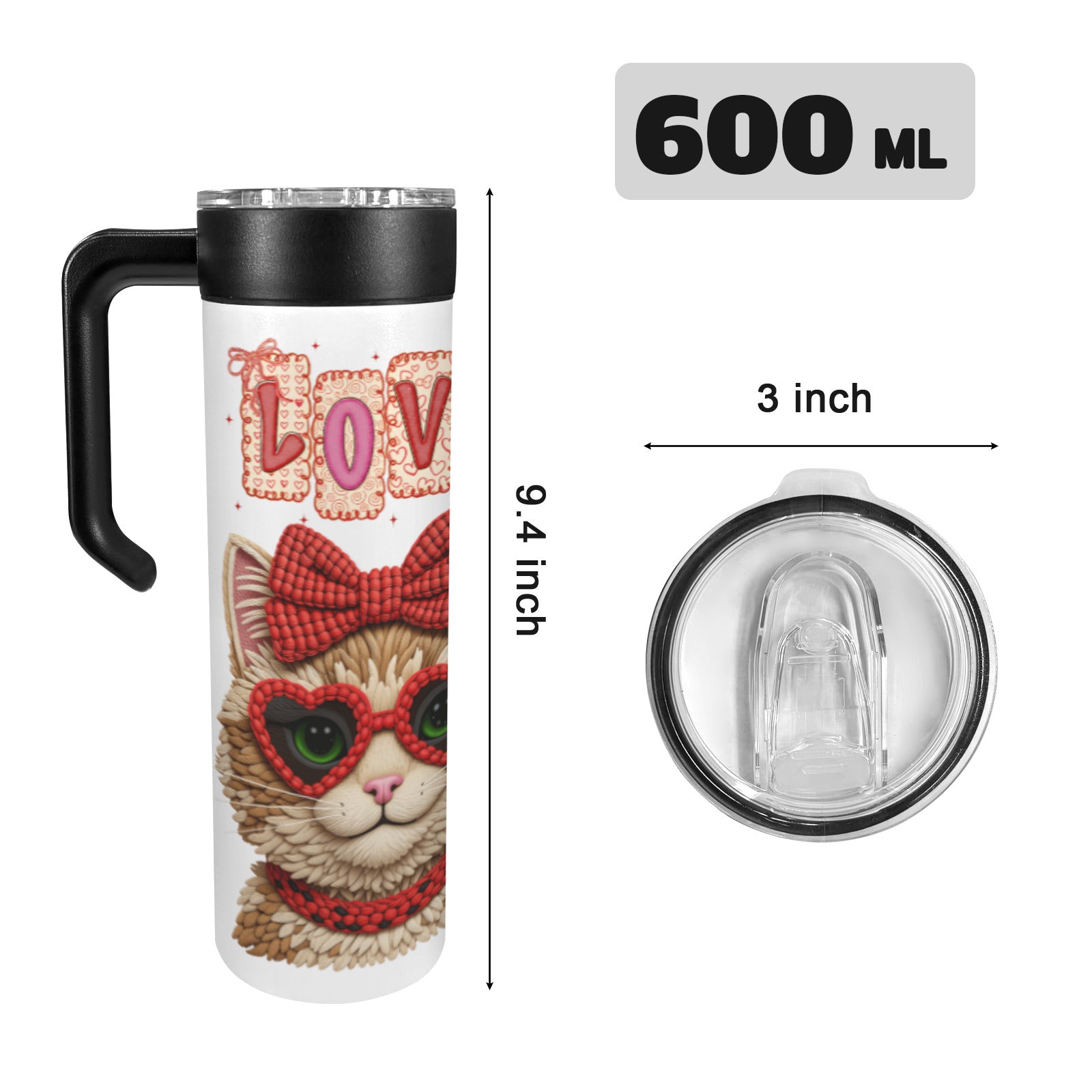 Yarn Cool Cat with Love Insulated Water Bottle with Handle | Ships from USA