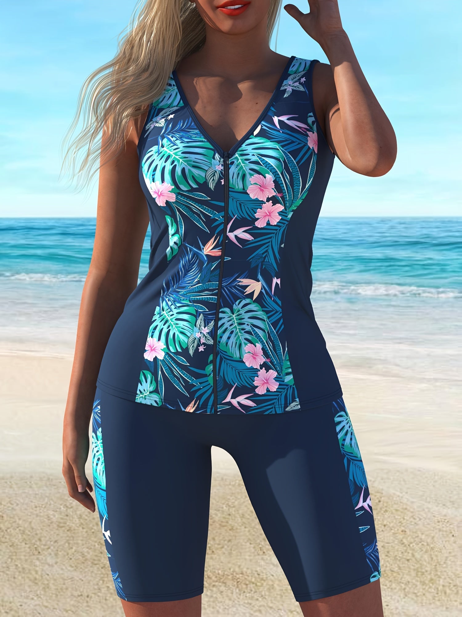 Trendy Blue Striped Tankini Swimsuit Set for Women, Perfect for Beach Leisure.