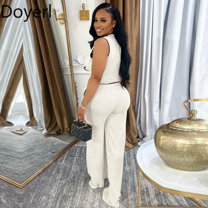 Women's Elegant 2 Piece Set Double-breasted Vest Top and Wide Leg Pants Suit Outfit