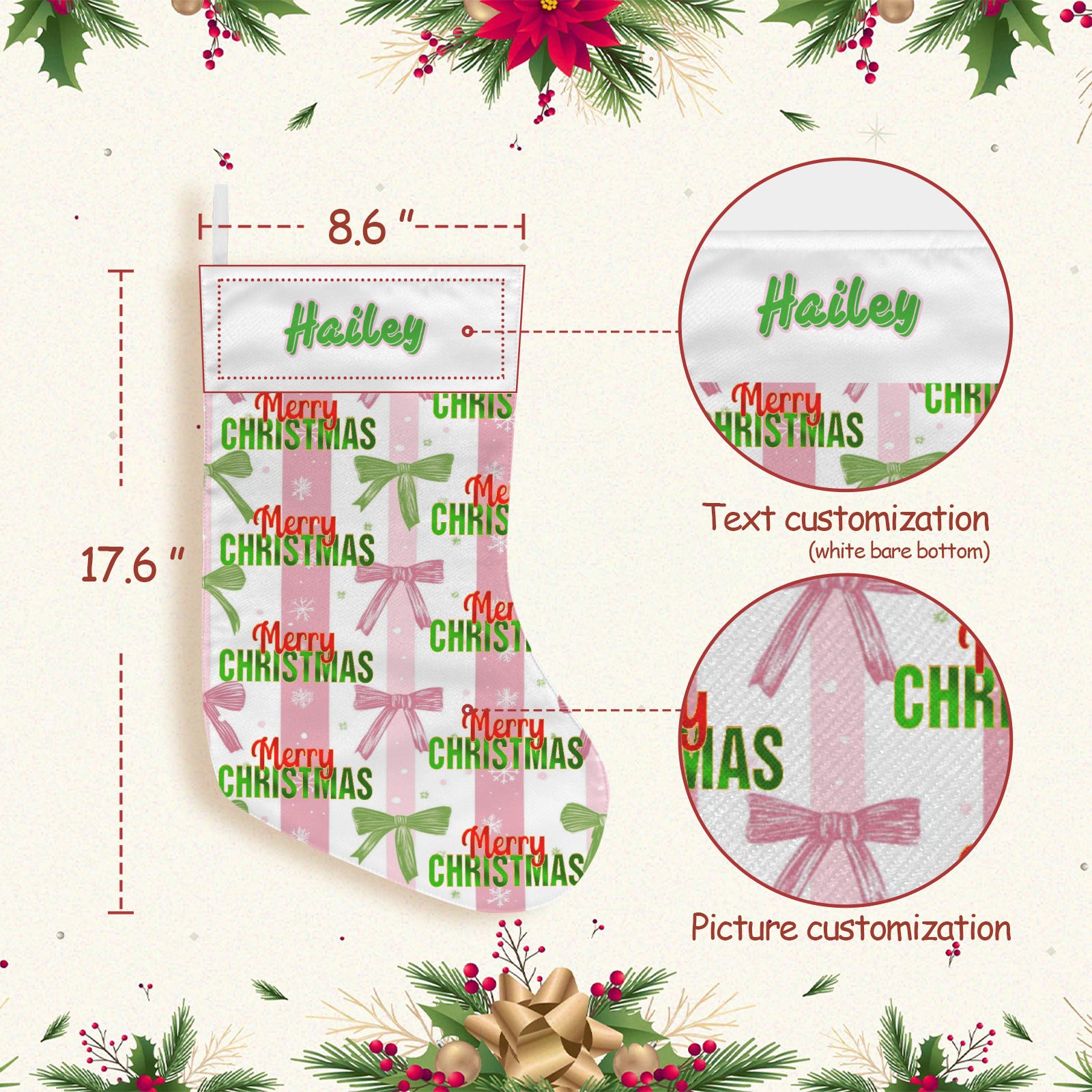 Personalizable Coquette Pink Merry Christmas Stocking (Made in USA)