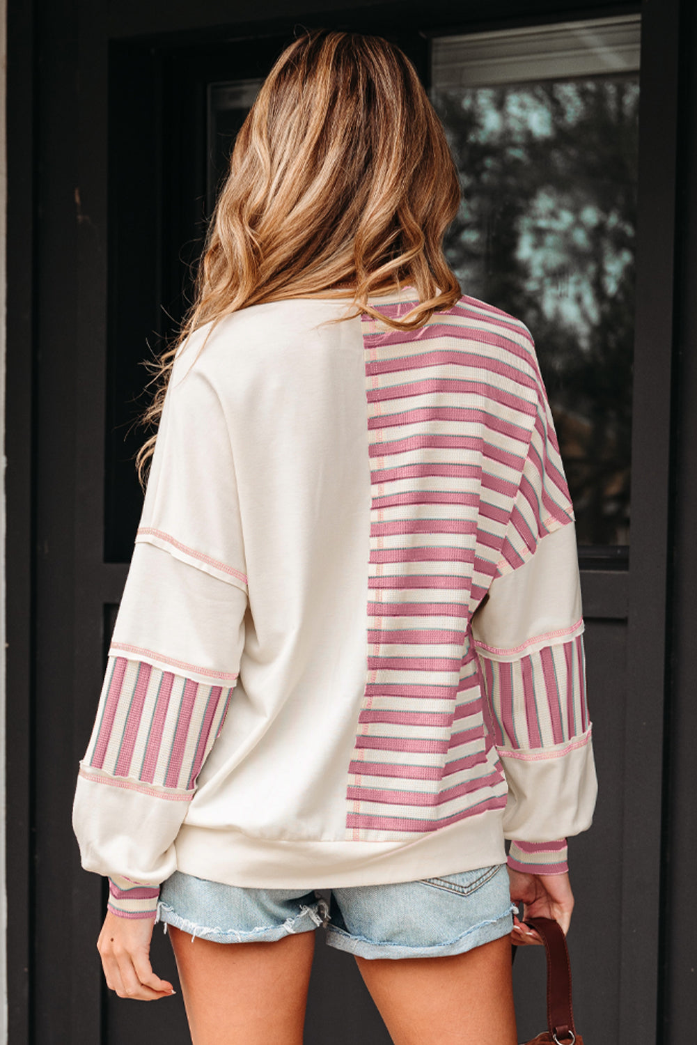 Women's Stripe Patchwork Long Sleeve Henley Top