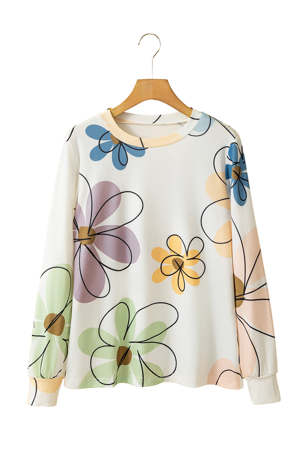 Women's Beige Floral Print Long Sleeve T-shirt