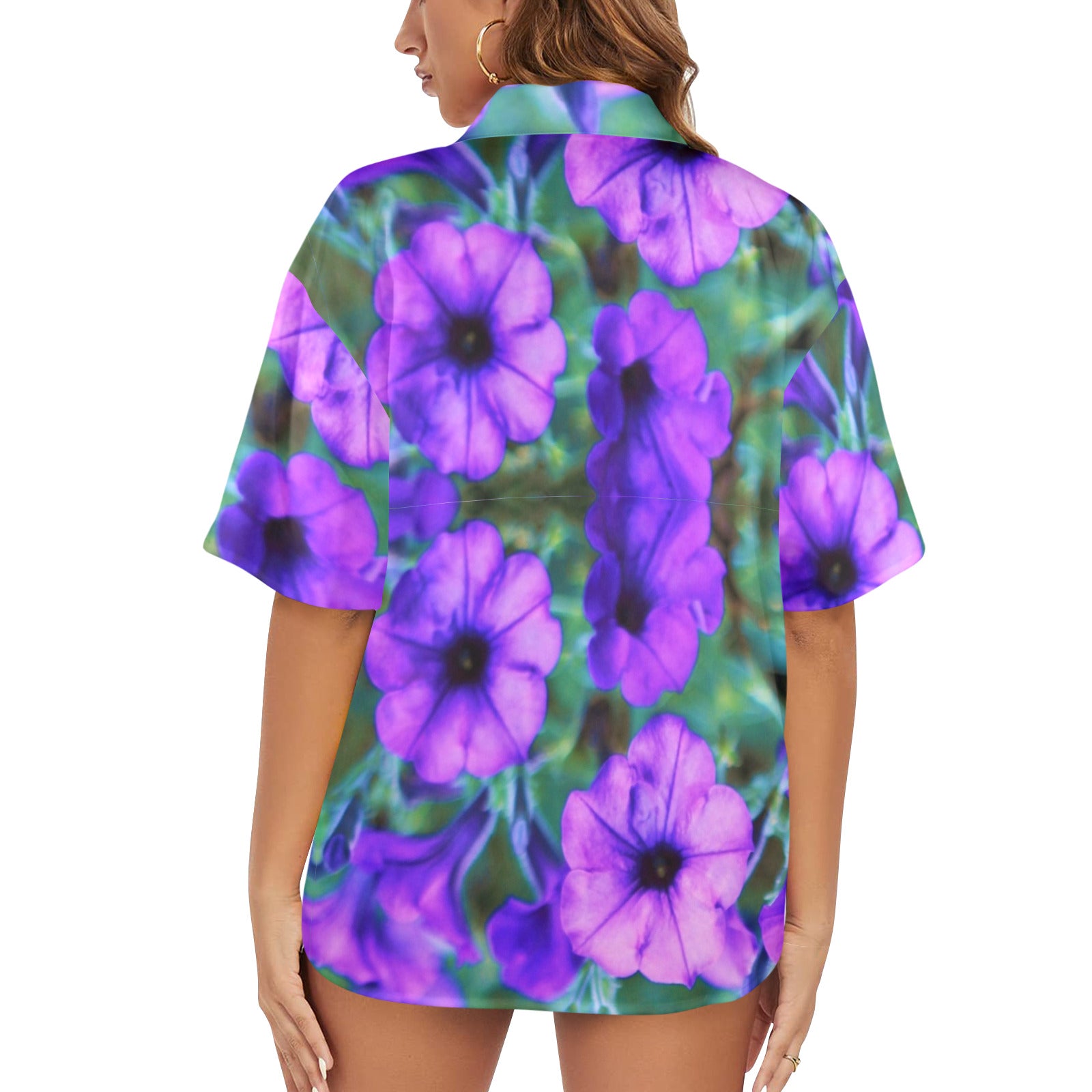 Women's Purple Flowers Hawaiian Button-up Shirt (Made in USA)
