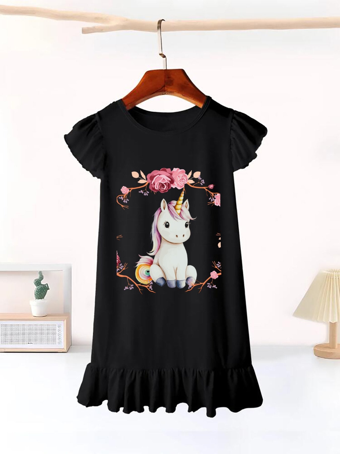 Baby Unicorn with Pink Roses Flutter Sleeve Dress for Girls (Front Printing)
