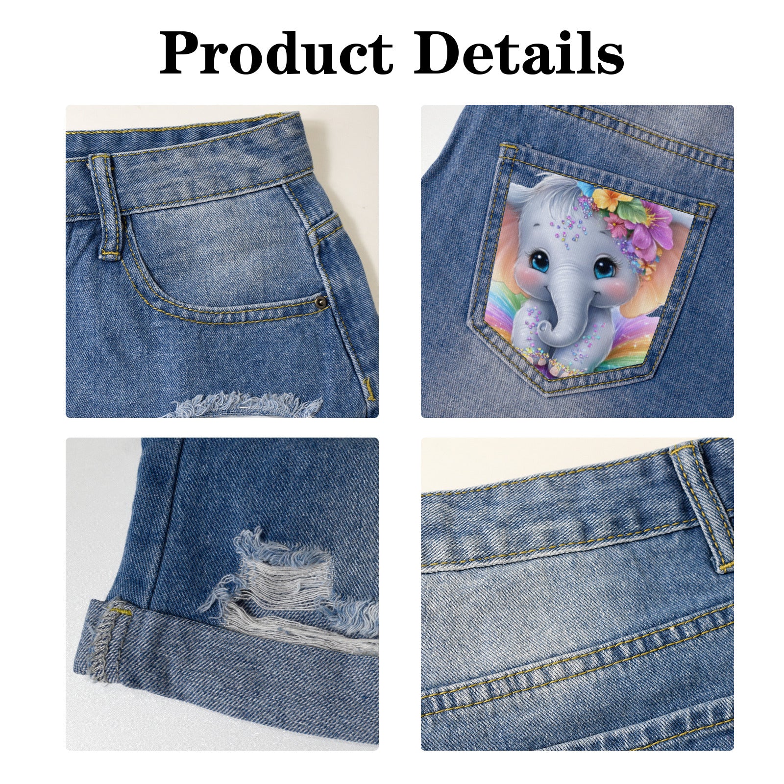 Cute Elephant Light-Wash Blue Denim Shorts (Dual Pockets Print)