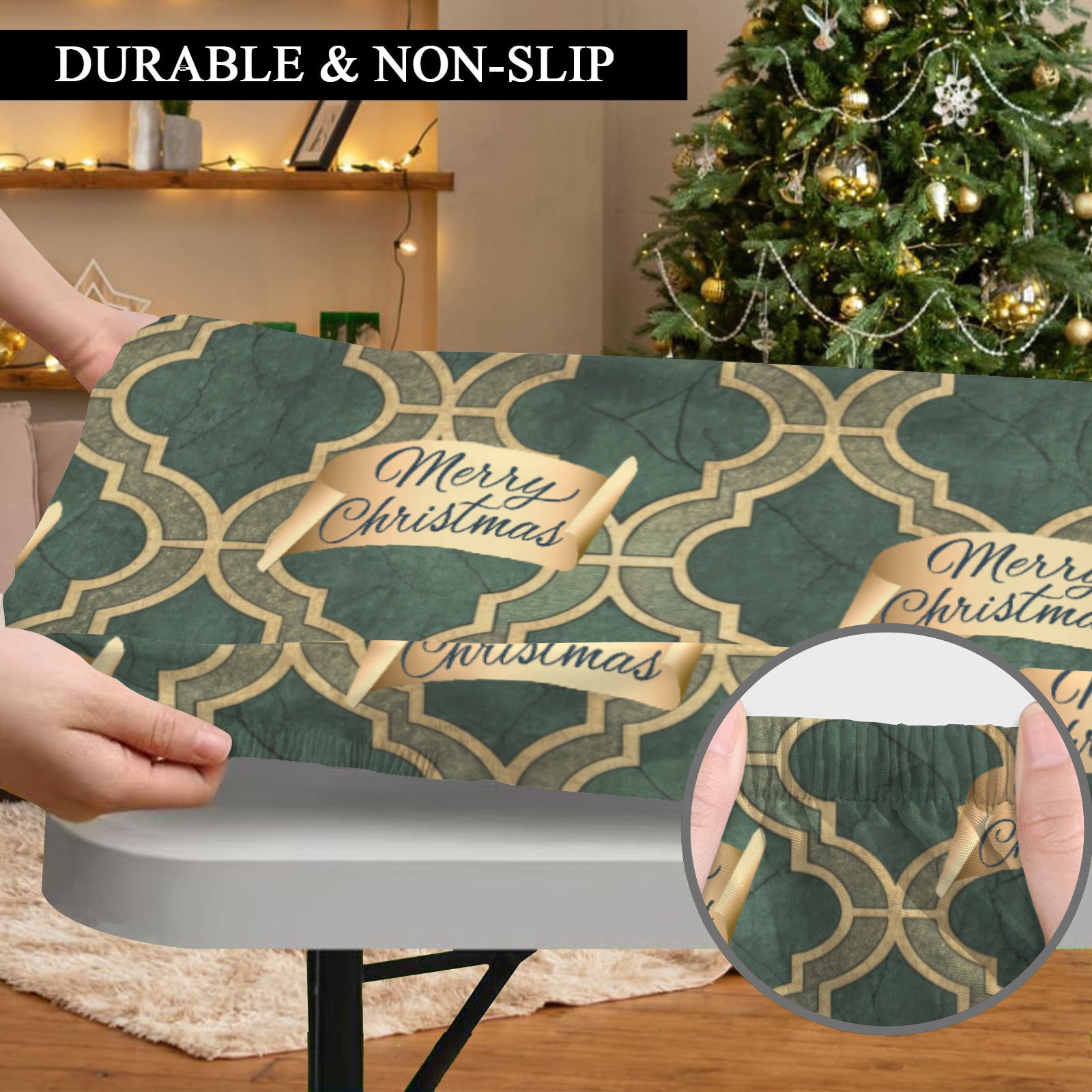 Green Merry Christmas Pattern Custom Elastic Fitted Tablecloth - 72