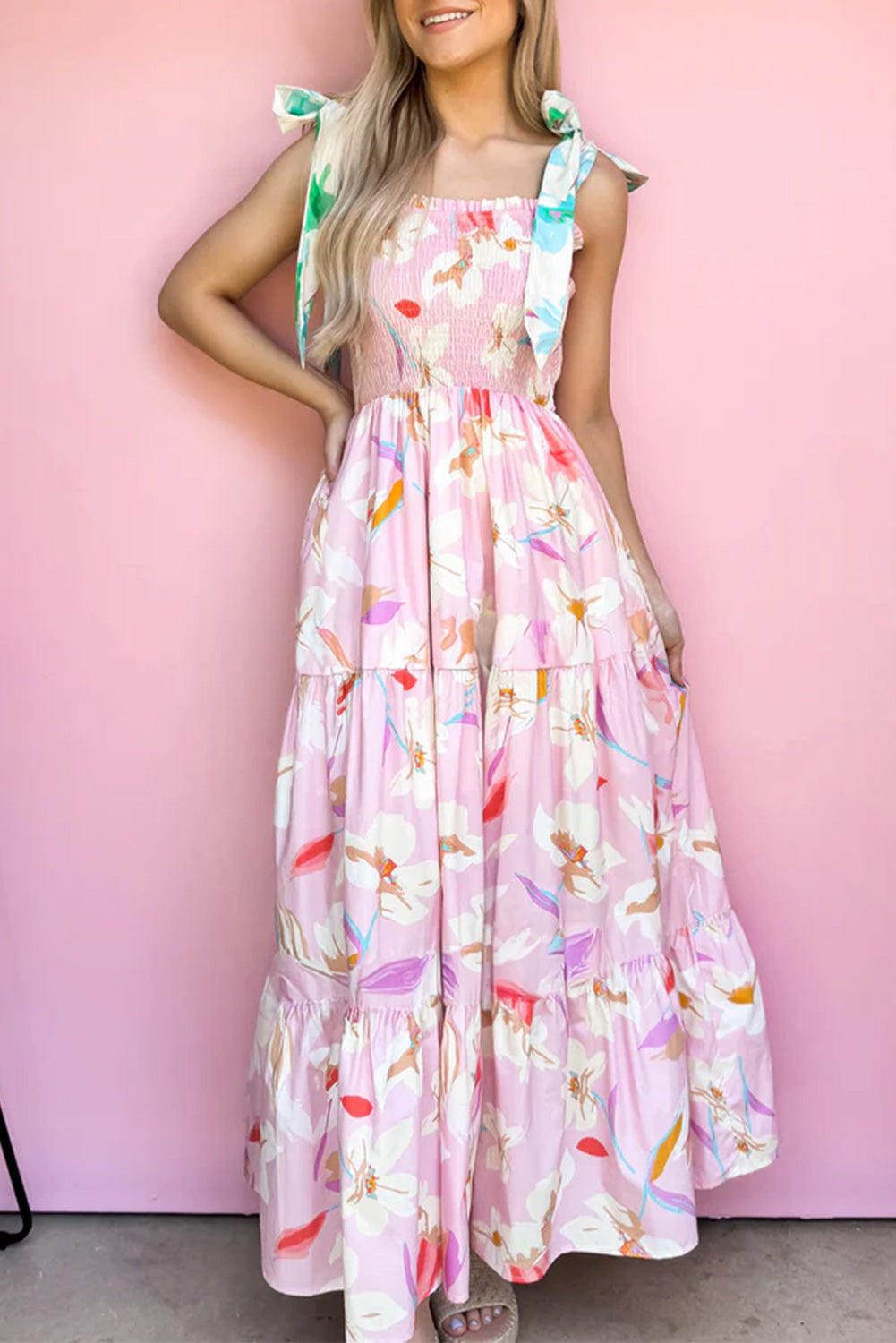 Pink Floral Print Knotted Shoulder Smocked Maxi Dress Pink / S / 100%Polyester Pink Floral Print Knotted Shoulder Smocked Maxi Dress Pink / S / 100%Polyester