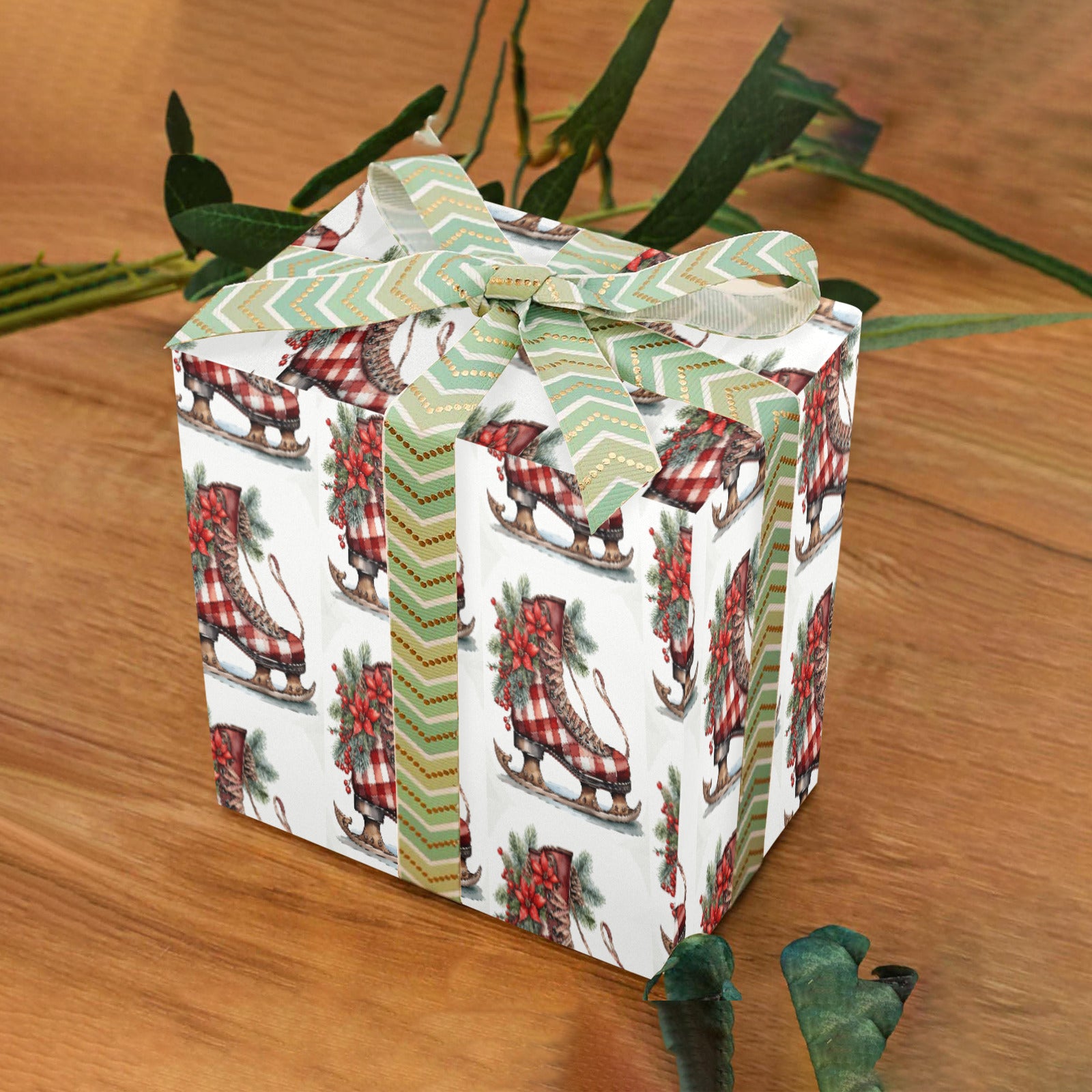 Christmas Red Skates Coated Gift Wrapping Paper - 2 Rolls (Made in USA)