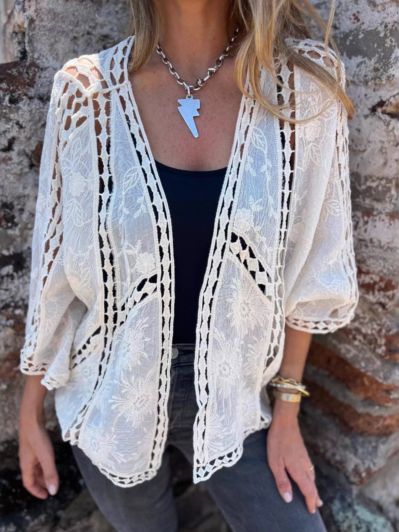 Women's Plus Size Embroidered Lacy Open Front Cardigan