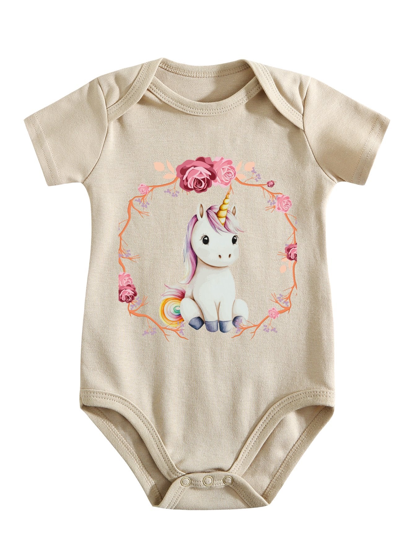 Baby Unicorn with Pink Roses Unisex Cotton Short Sleeve Baby Romper