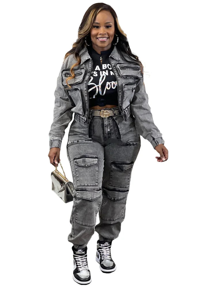 Wmstar Denim 2 Piece Set Women Jacket and Cargo Pants