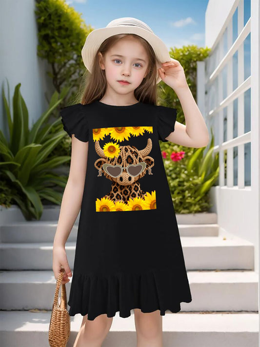 Yarn Highland Cow with Sunflowers Flutter Sleeve Dress for Girls