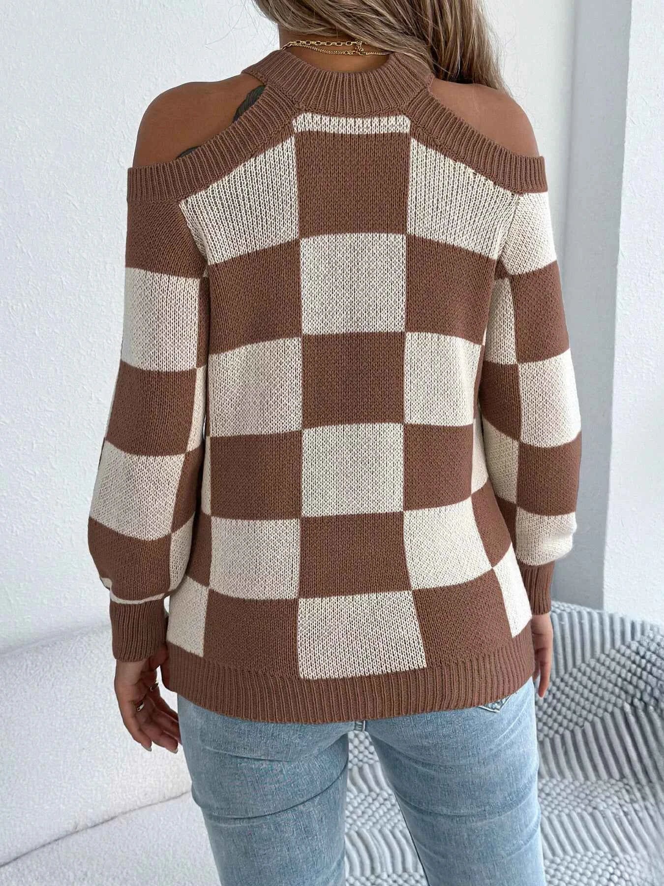 Cold Shoulder Checkered Long Sleeve Sweater