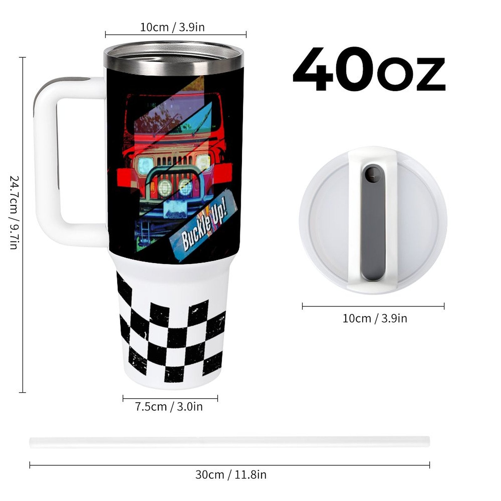 Buckle Up 4-wheel Drive 40oz Stainless Steel Insulated Tumble with Handle & Lid (Made in USA)