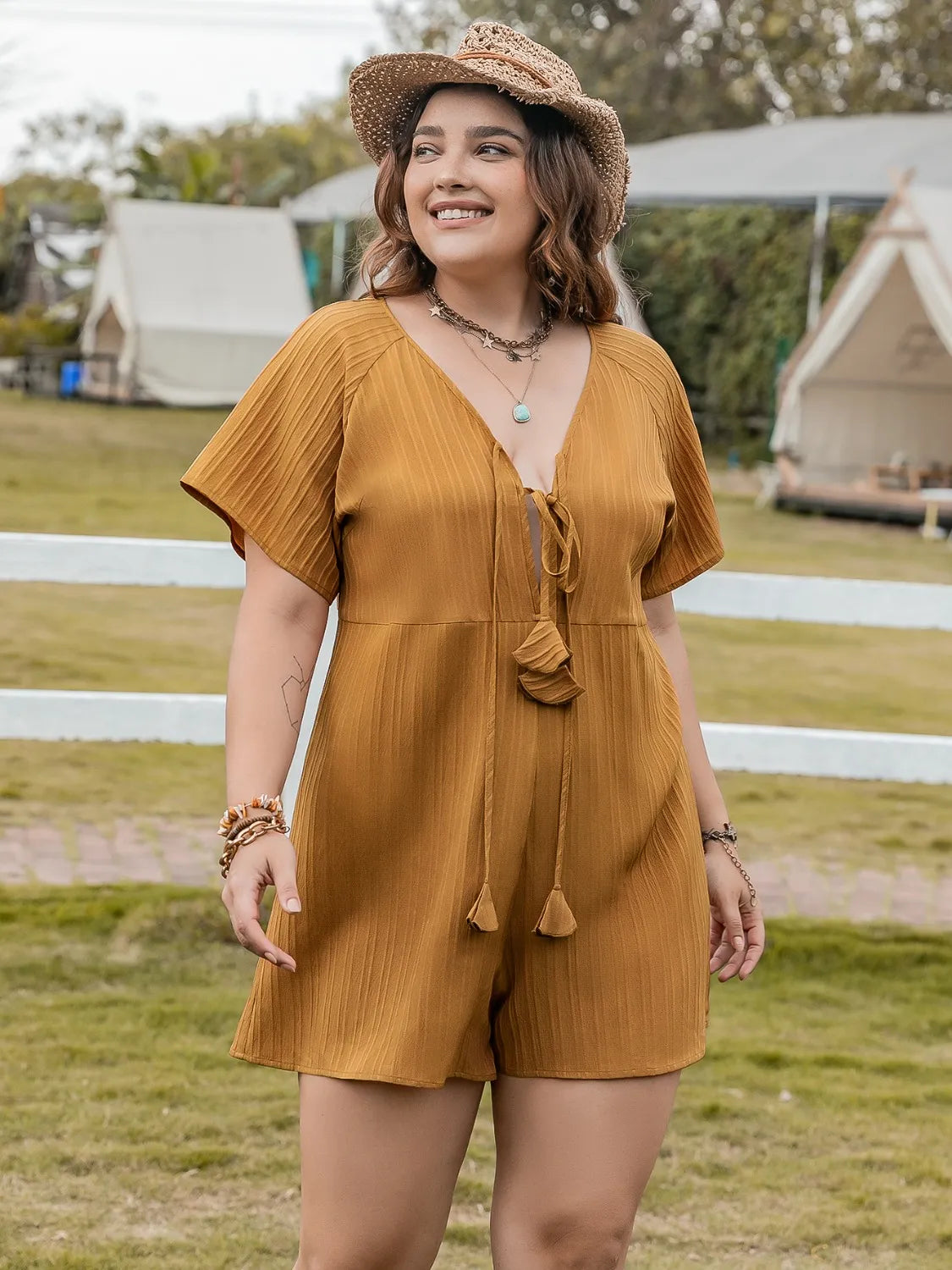 Mustard Plus Size V-Neck Short Sleeve Romper