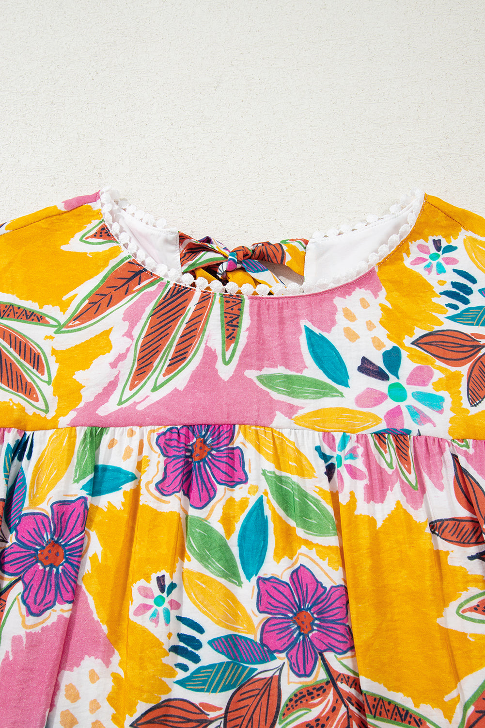 Floral Lace Trim 3/4 Sleeve Tie-Back Mini Dress