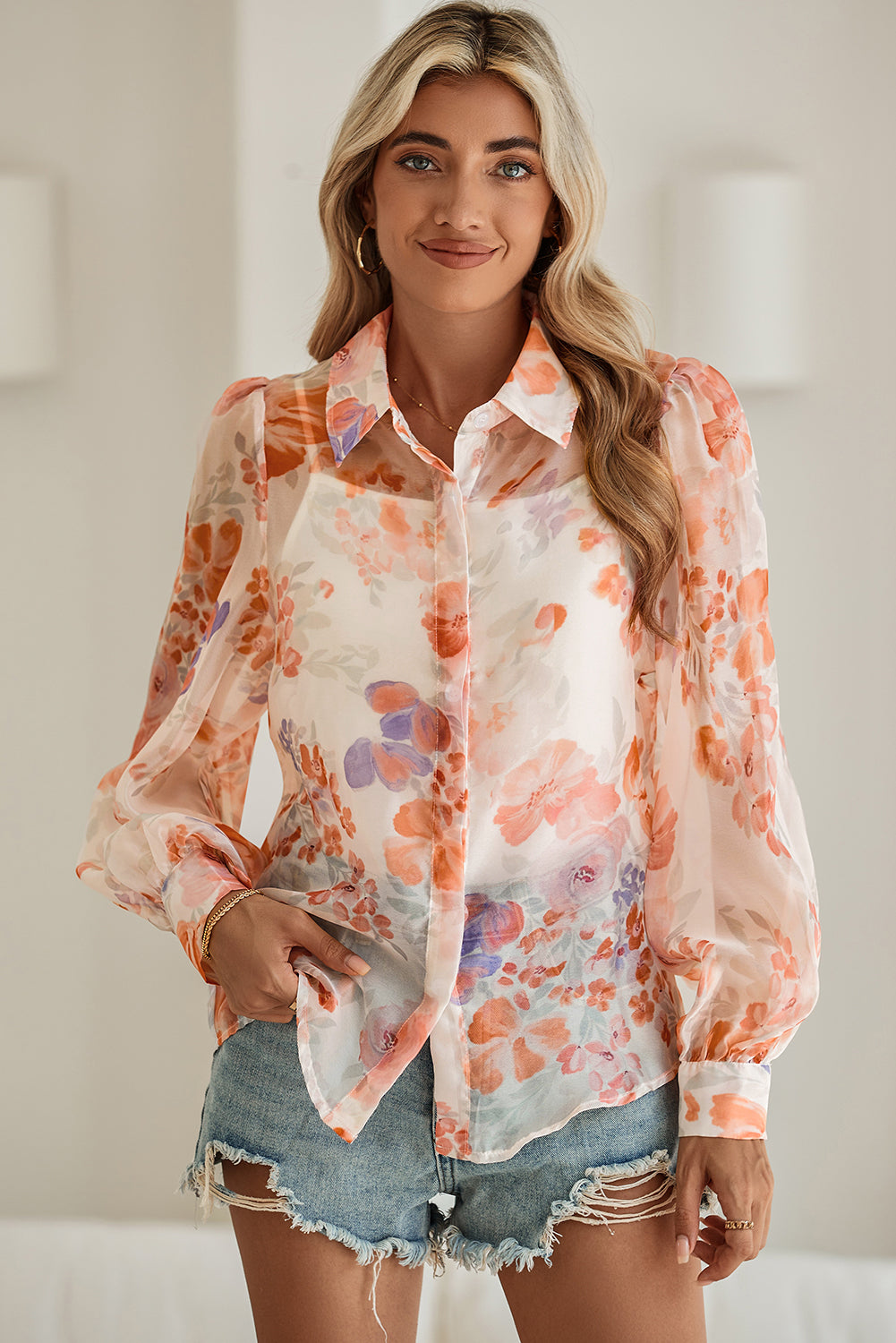 Women's White Floral Print Balloon Sleeve Loose Shirt