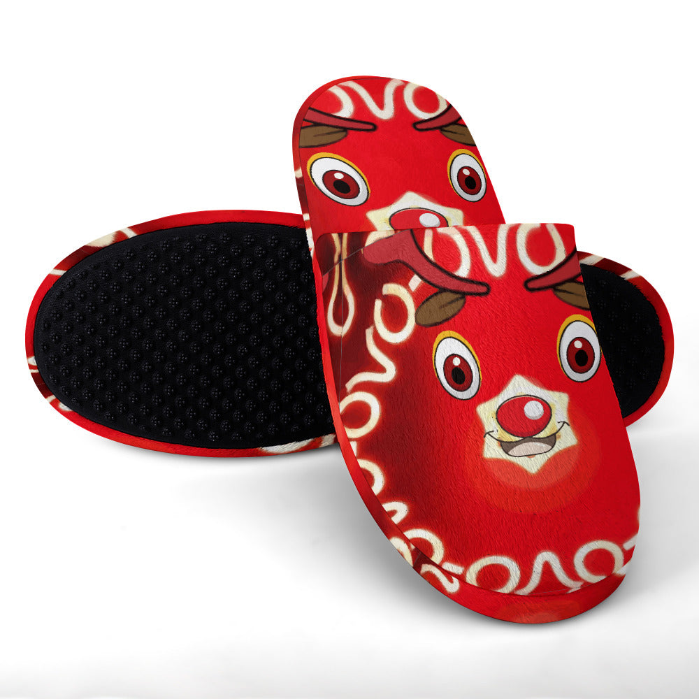 Women's Red Rudolph Christmas Cotton House Slippers