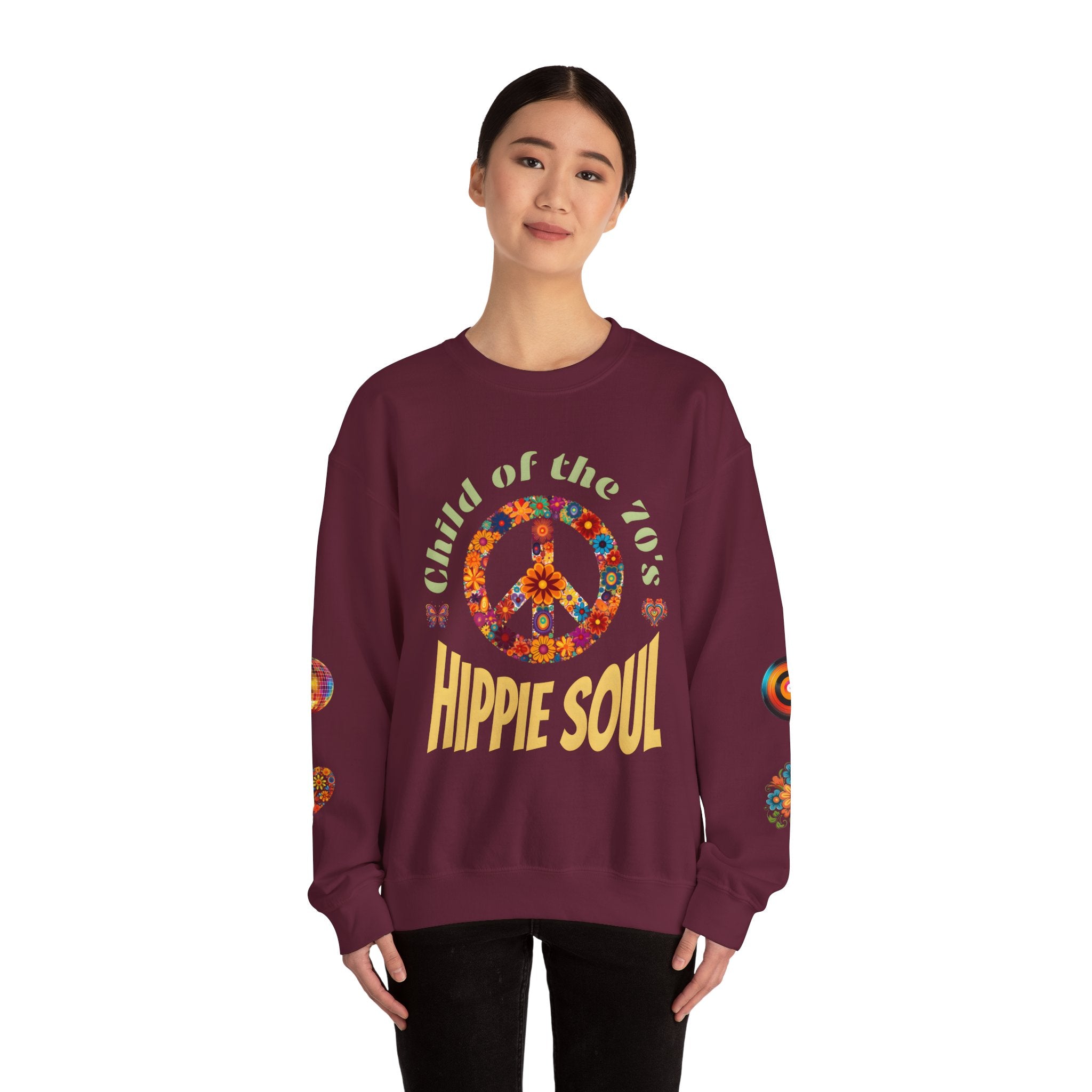 Retro Hippie Soul Crewneck Sweatshirt, Vintage 70s Fashion, Peace Sign Design, Gift for 1970's Lovers, Unisex Apparel, Cozy Sweatshirt